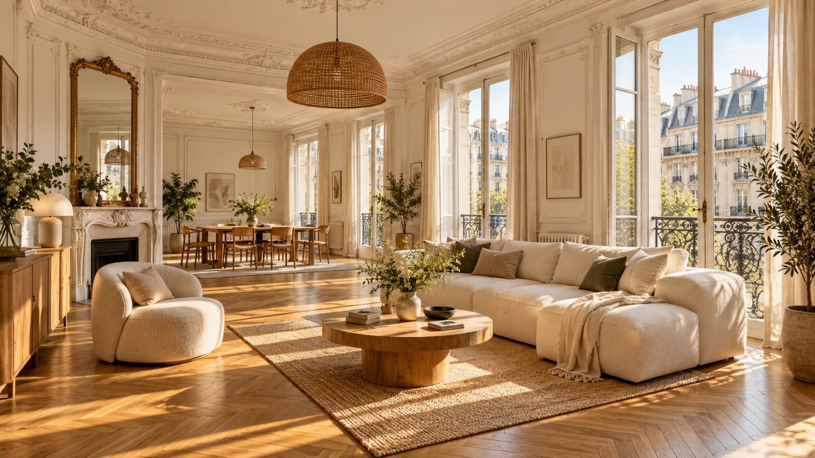 Salon parisien rénové, parquet et grandes fenêtres